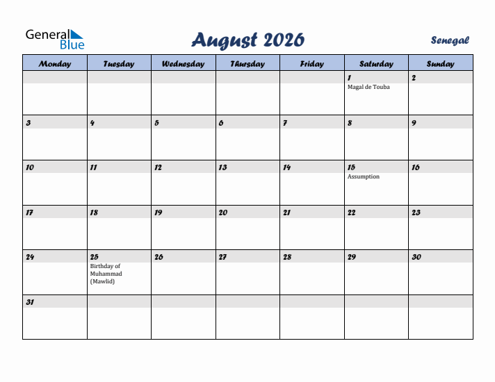 August 2026 Calendar with Holidays in Senegal