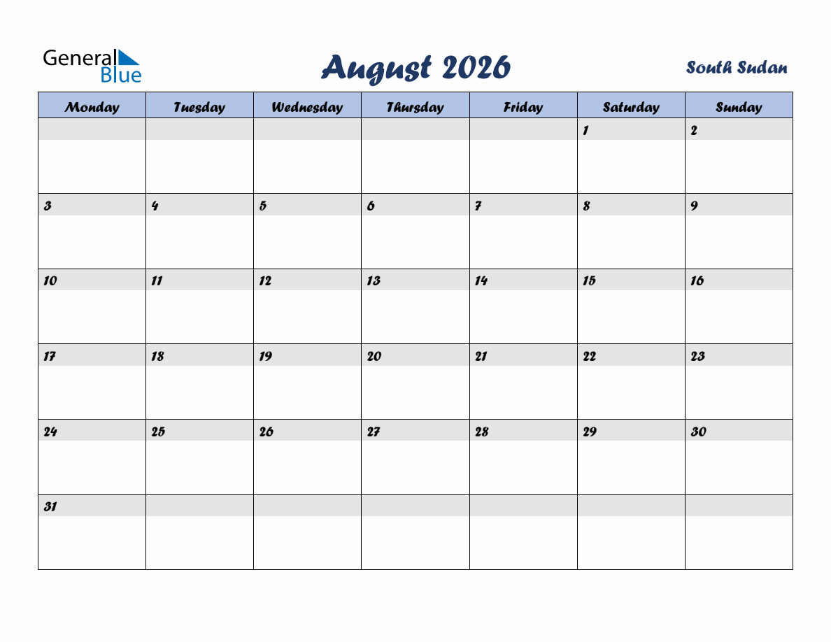 August 2026 Monthly Calendar Template with Holidays for South Sudan ...