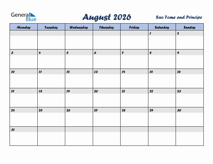 August 2026 Calendar with Holidays in Sao Tome and Principe