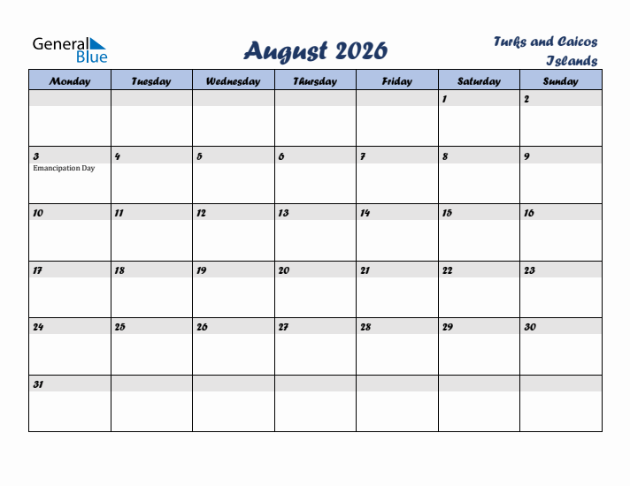 August 2026 Calendar with Holidays in Turks and Caicos Islands