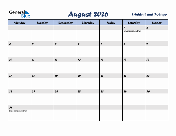 August 2026 Calendar with Holidays in Trinidad and Tobago