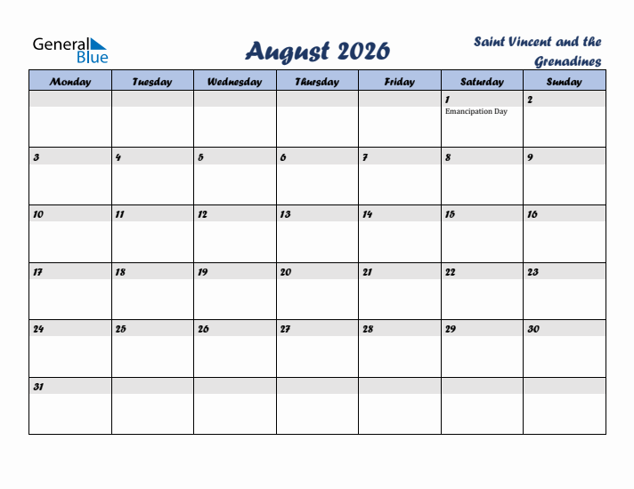 August 2026 Calendar with Holidays in Saint Vincent and the Grenadines