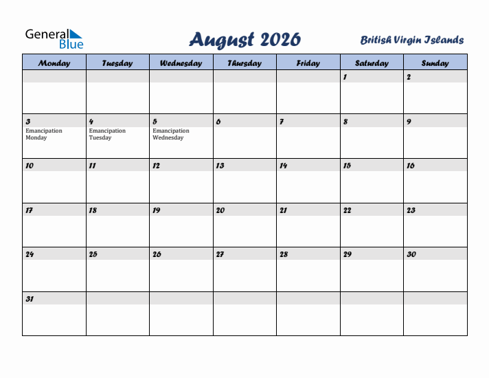August 2026 Calendar with Holidays in British Virgin Islands