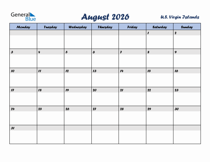 August 2026 Calendar with Holidays in U.S. Virgin Islands