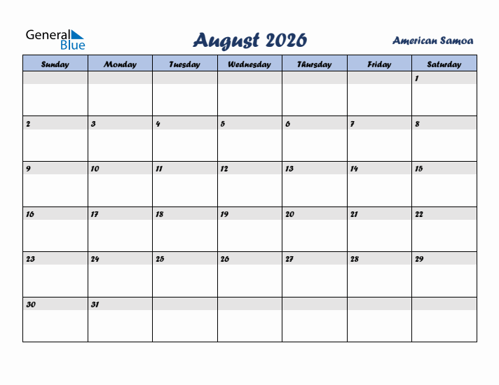 August 2026 Calendar with Holidays in American Samoa