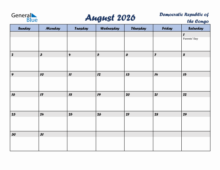 August 2026 Calendar with Holidays in Democratic Republic of the Congo