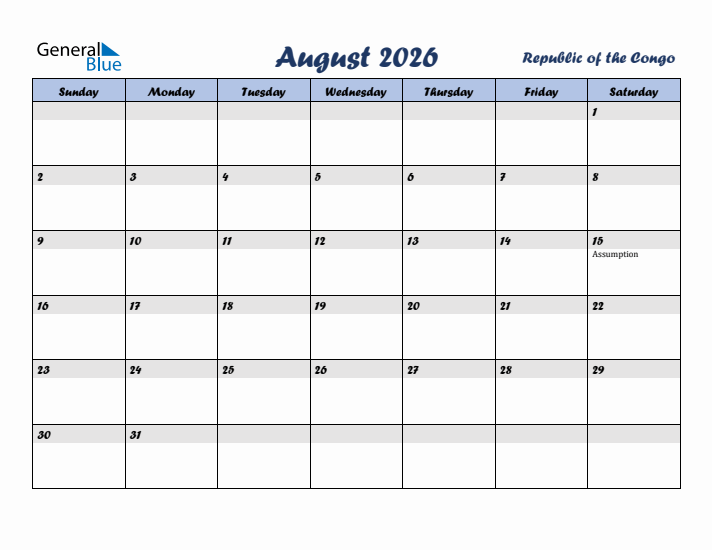 August 2026 Calendar with Holidays in Republic of the Congo