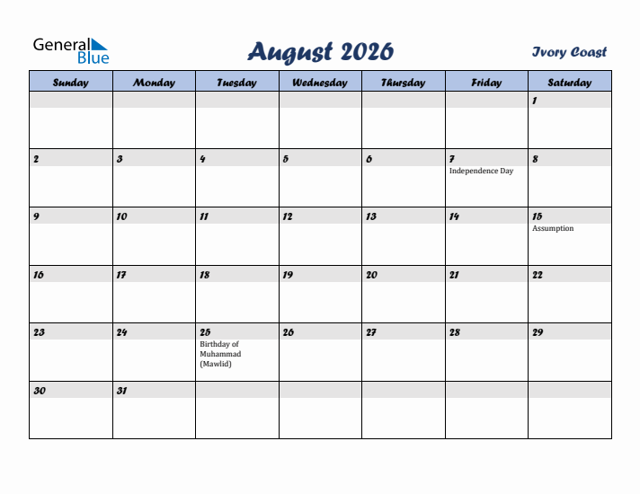August 2026 Calendar with Holidays in Ivory Coast