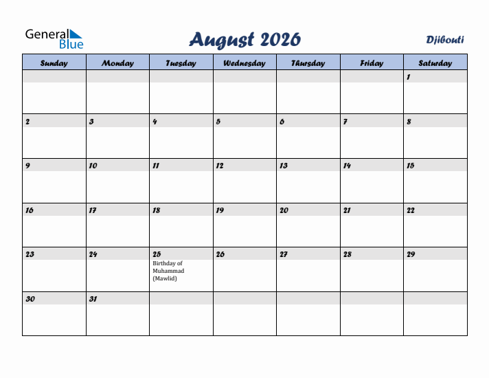 August 2026 Calendar with Holidays in Djibouti