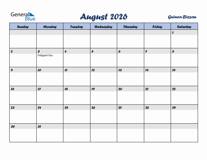 August 2026 Calendar with Holidays in Guinea-Bissau