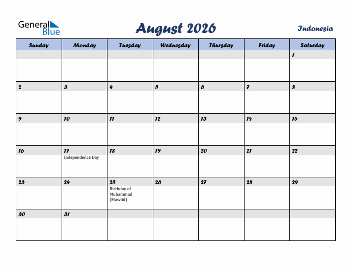August 2026 Calendar with Holidays in Indonesia