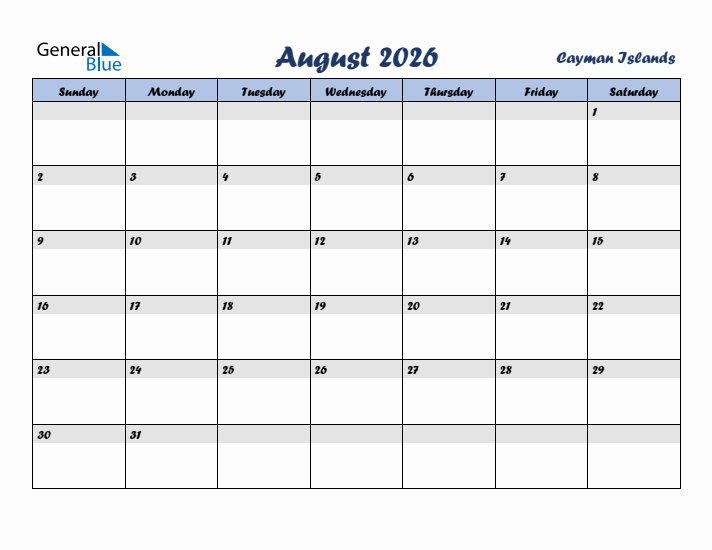 August 2026 Calendar with Holidays in Cayman Islands