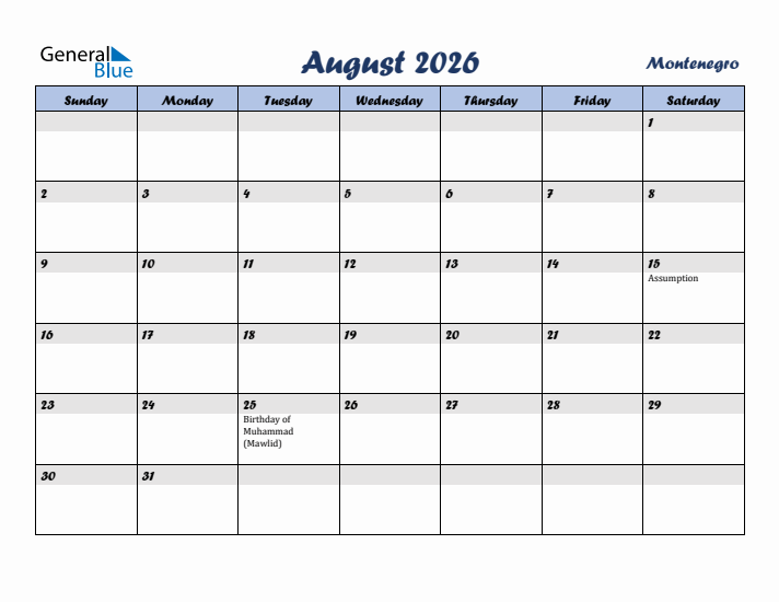 August 2026 Calendar with Holidays in Montenegro