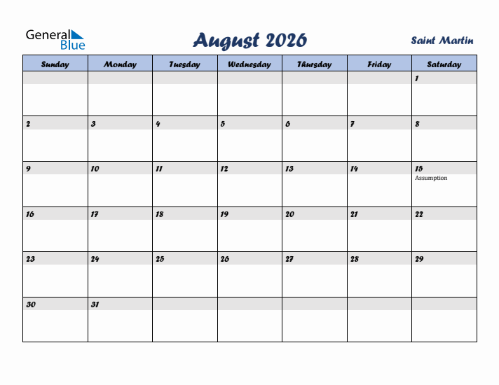 August 2026 Calendar with Holidays in Saint Martin