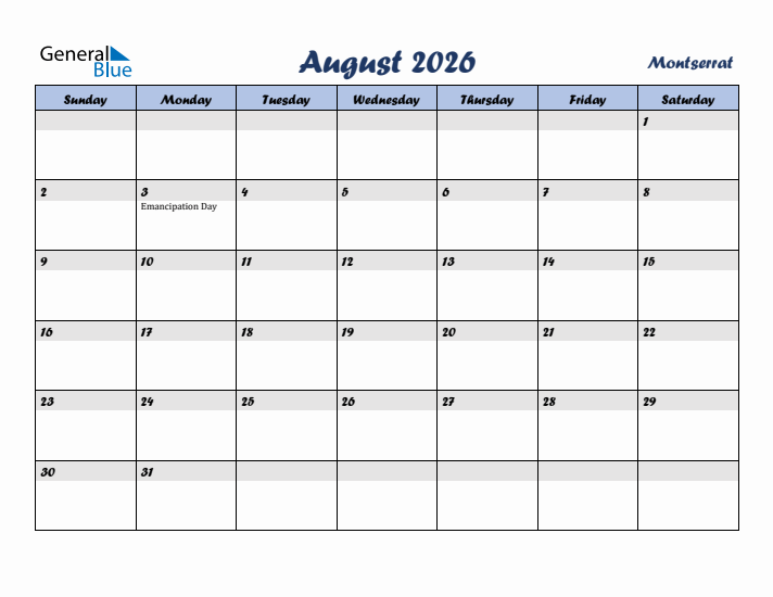 August 2026 Calendar with Holidays in Montserrat