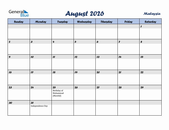 August 2026 Calendar with Holidays in Malaysia