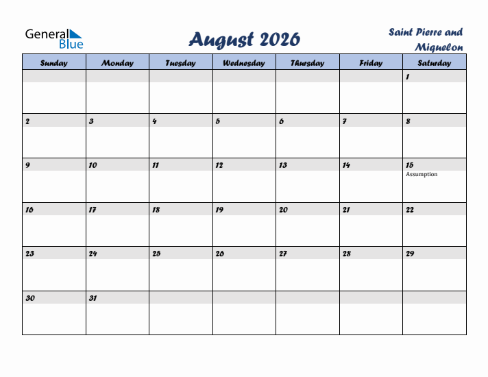 August 2026 Calendar with Holidays in Saint Pierre and Miquelon
