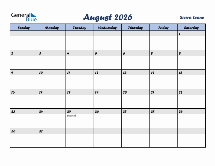 August 2026 Calendar with Holidays in Sierra Leone