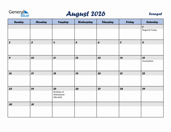 August 2026 Calendar with Holidays in Senegal