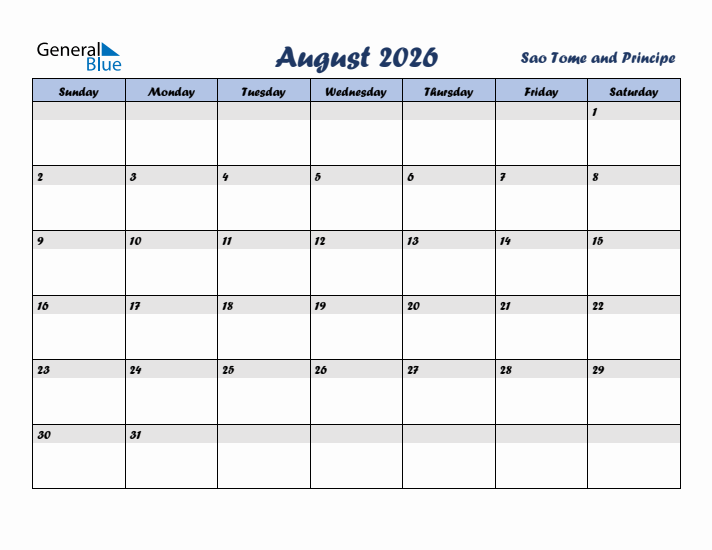 August 2026 Calendar with Holidays in Sao Tome and Principe