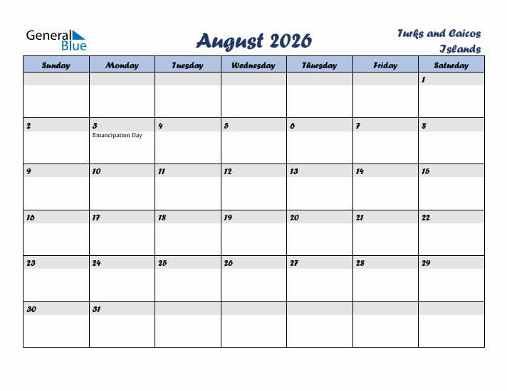 August 2026 Calendar with Holidays in Turks and Caicos Islands