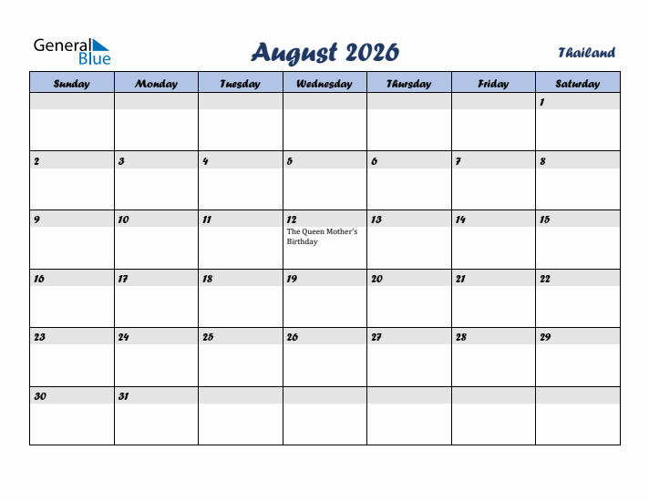 August 2026 Calendar with Holidays in Thailand