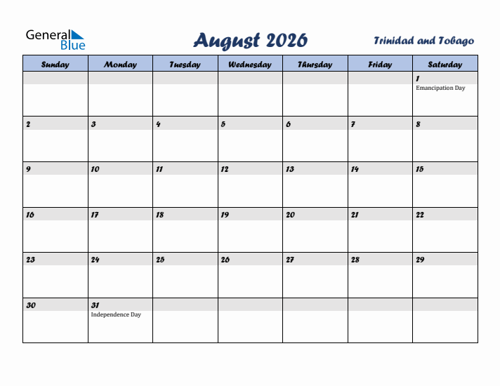 August 2026 Calendar with Holidays in Trinidad and Tobago