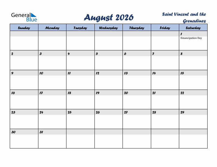 August 2026 Calendar with Holidays in Saint Vincent and the Grenadines