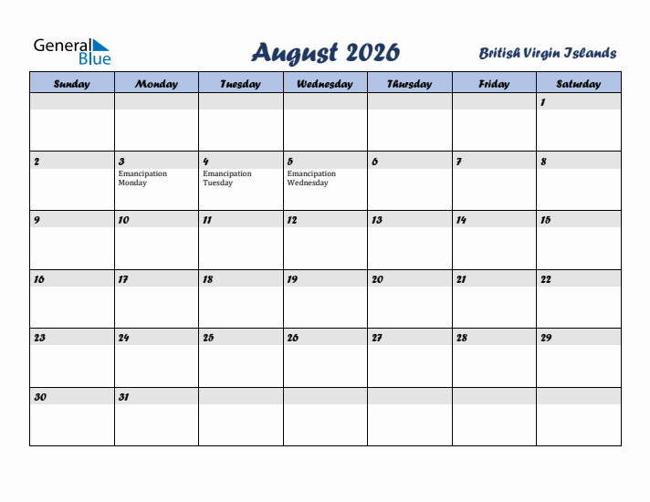 August 2026 Calendar with Holidays in British Virgin Islands