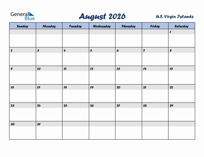 August 2026 Calendar with Holidays in U.S. Virgin Islands