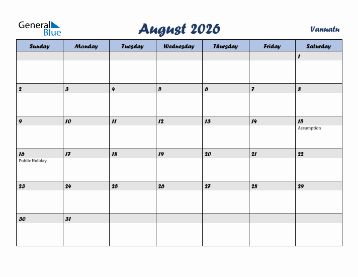 August 2026 Calendar with Holidays in Vanuatu