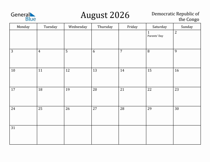 August 2026 Calendar Democratic Republic of the Congo