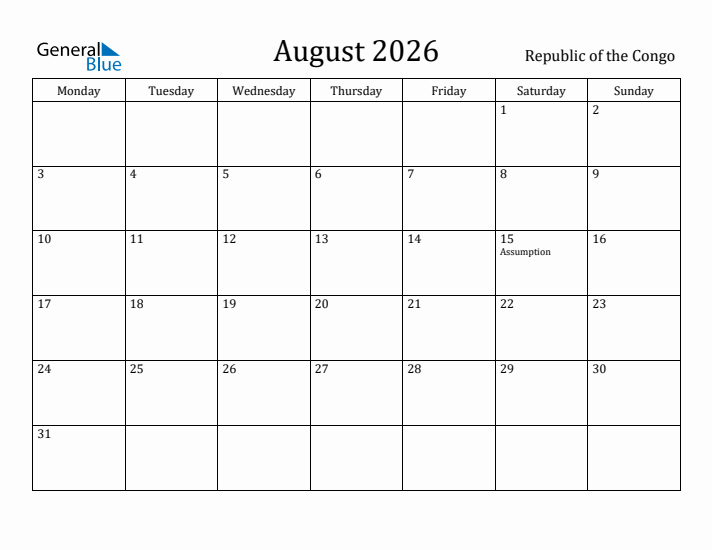 August 2026 Calendar Republic of the Congo