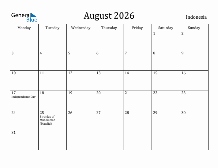 August 2026 Calendar Indonesia