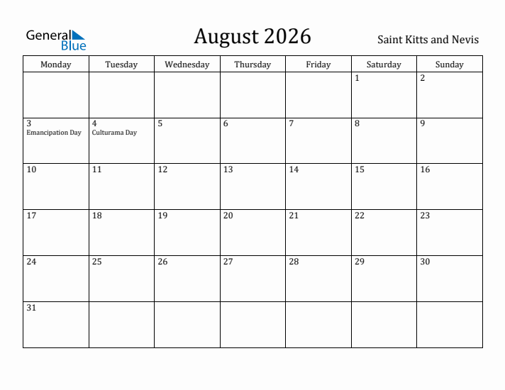 August 2026 Calendar Saint Kitts and Nevis