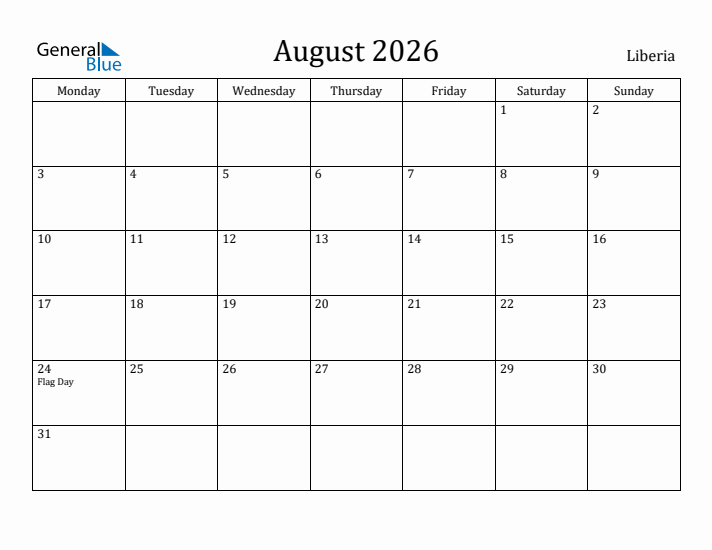 August 2026 Calendar Liberia