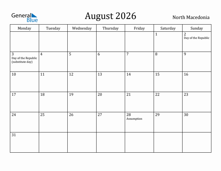 August 2026 Calendar North Macedonia