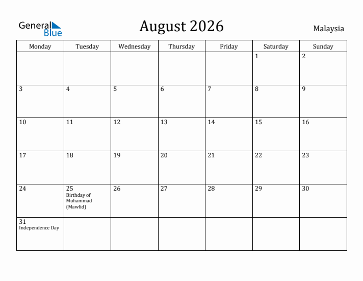 August 2026 Calendar Malaysia