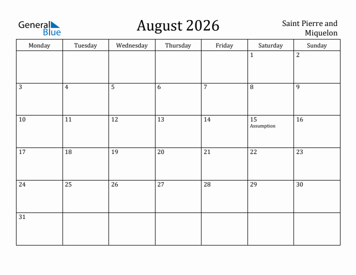 August 2026 Calendar Saint Pierre and Miquelon