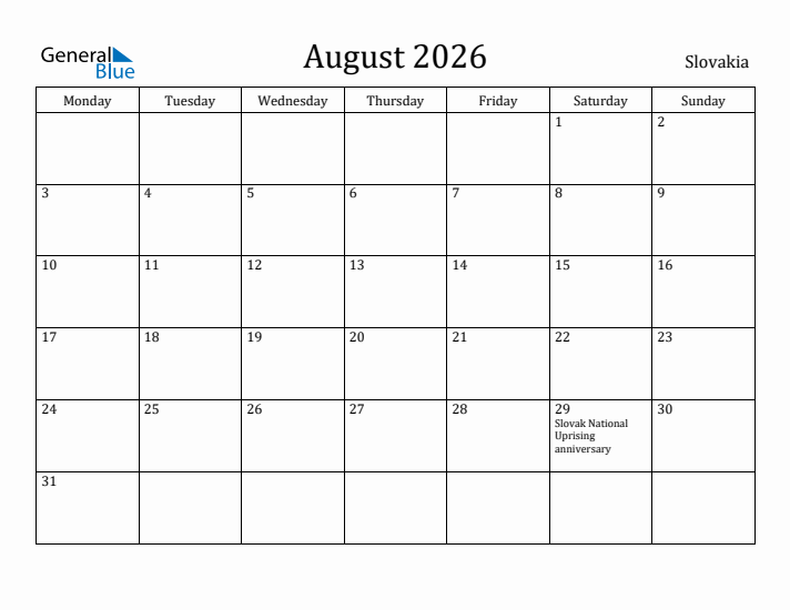 August 2026 Calendar Slovakia