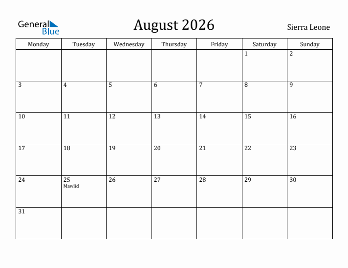 August 2026 Calendar Sierra Leone