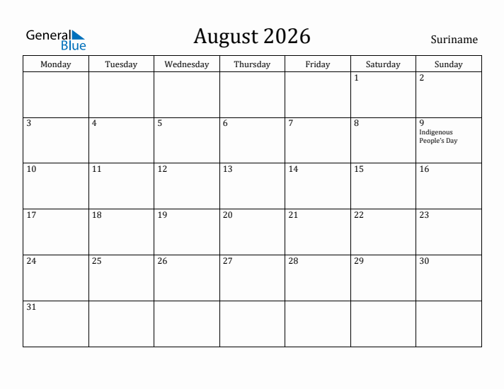 August 2026 Calendar Suriname