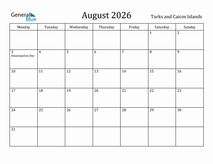 August 2026 Calendar Turks and Caicos Islands