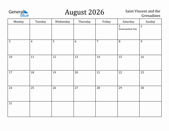 August 2026 Calendar Saint Vincent and the Grenadines