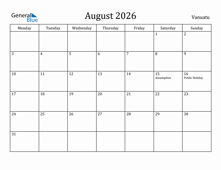 August 2026 Calendar Vanuatu