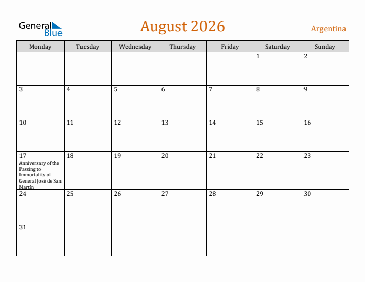 August 2026 Holiday Calendar with Monday Start