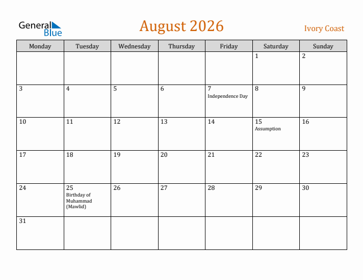 August 2026 Holiday Calendar with Monday Start