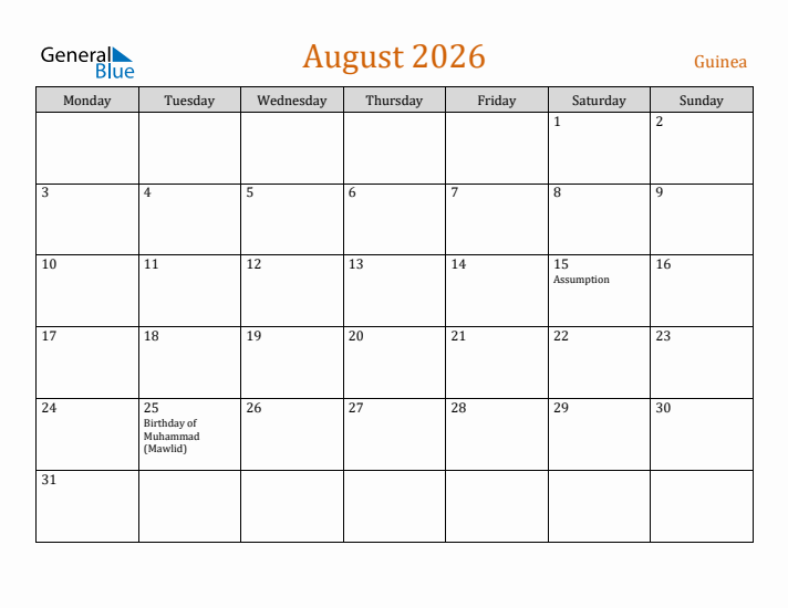 August 2026 Holiday Calendar with Monday Start
