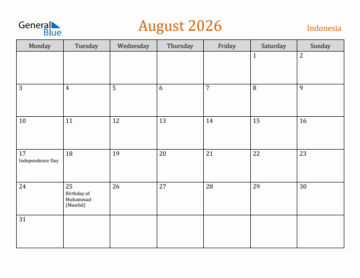August 2026 Holiday Calendar with Monday Start