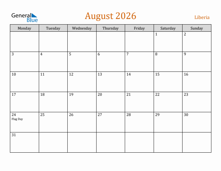 August 2026 Holiday Calendar with Monday Start